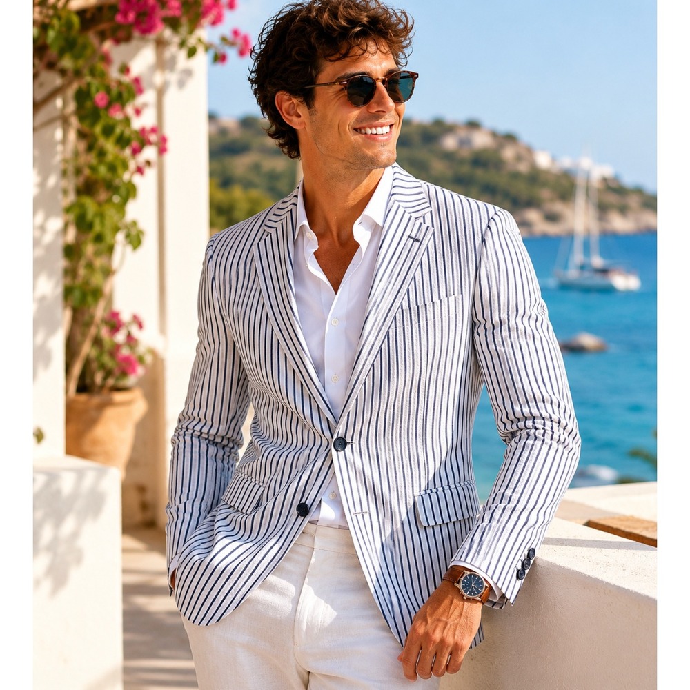 NEW! PAISLEY & GRAY Striped Peak Two Button Blazer Blue White Nautical Lined 40R